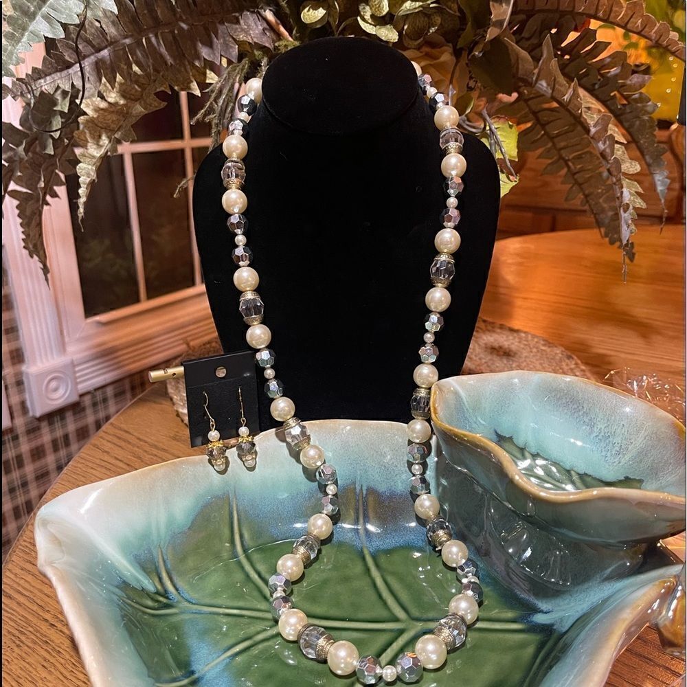 Handcrafted Glass Faceted Beads & Pearl Long Necklace Earrings Set